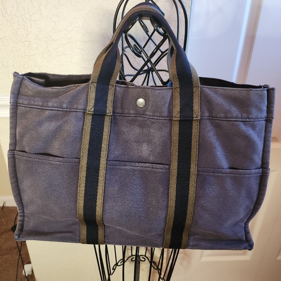 HERMES Fourre Tout MM Hand Tote Bag Canvas Blue Green - Picture 1 of 11